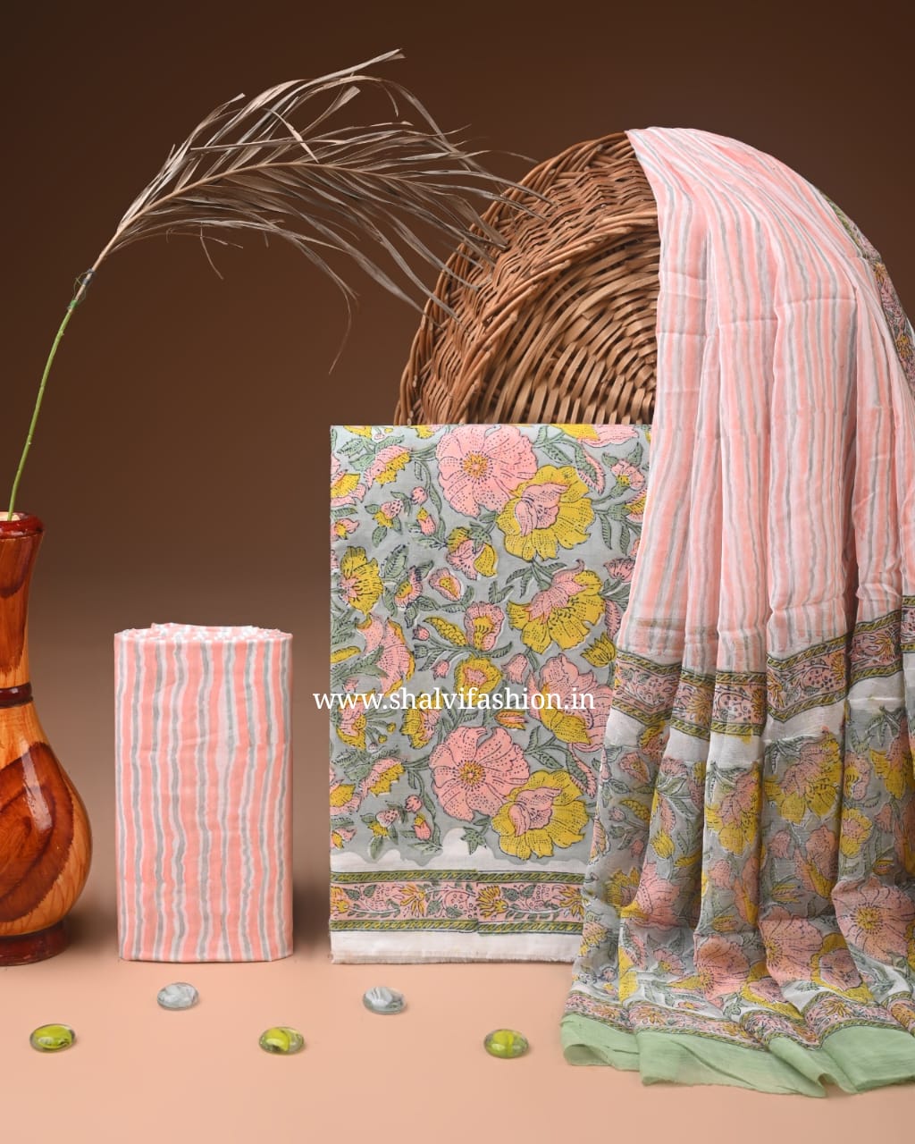 Shop block printed cotton suits with chiffon dupatta online (PCHF621)