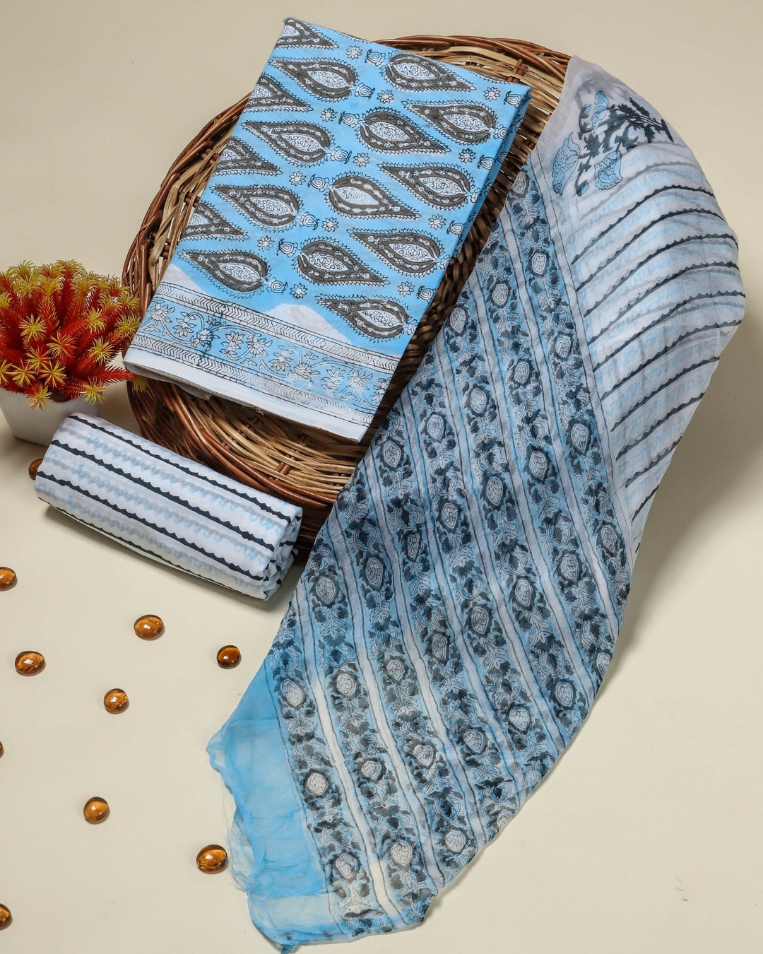 Shop block print chiffon dupatta cotton suits (PCHF63)