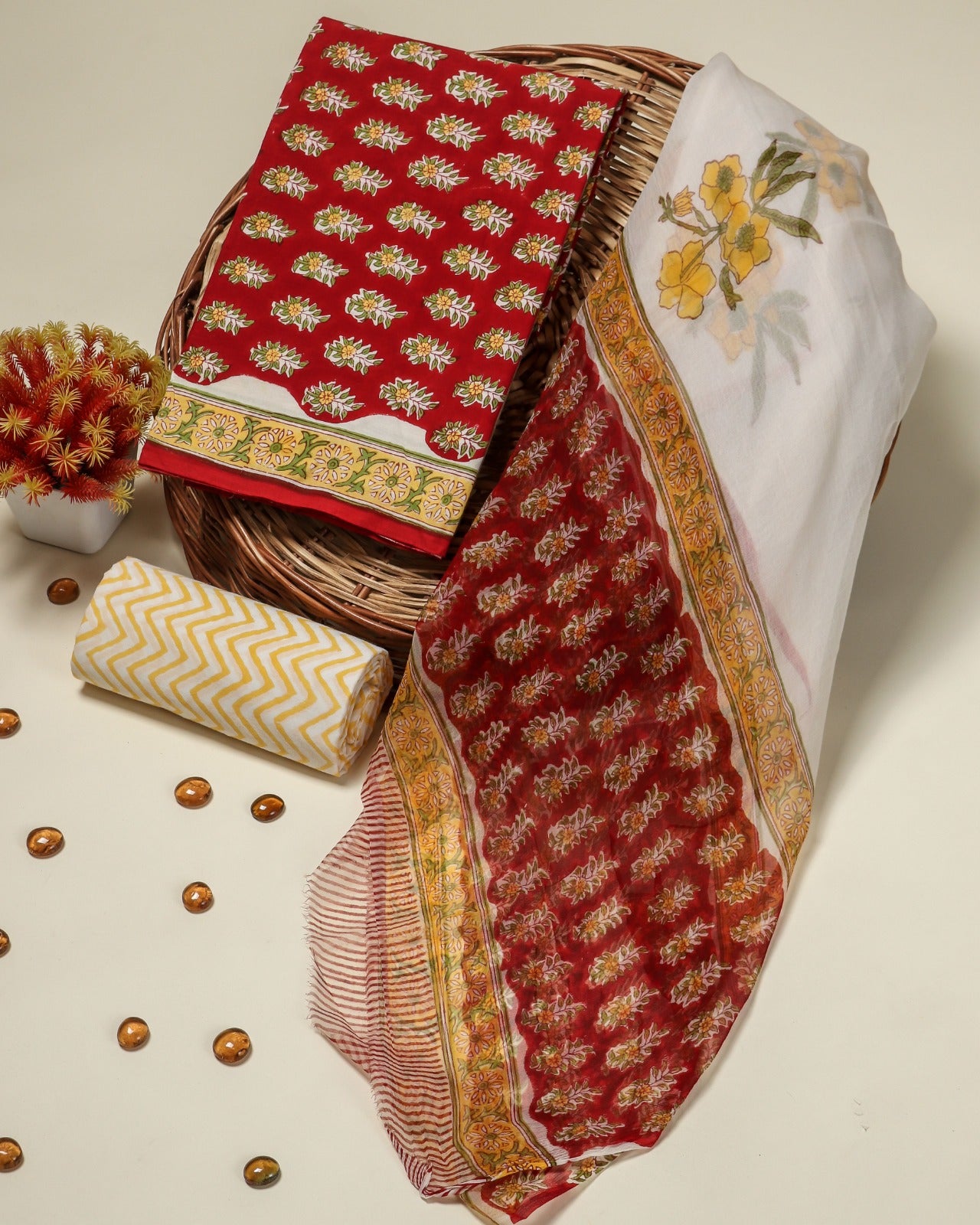 Shop hand block print chiffon dupatta cotton suits online (PCHF64)