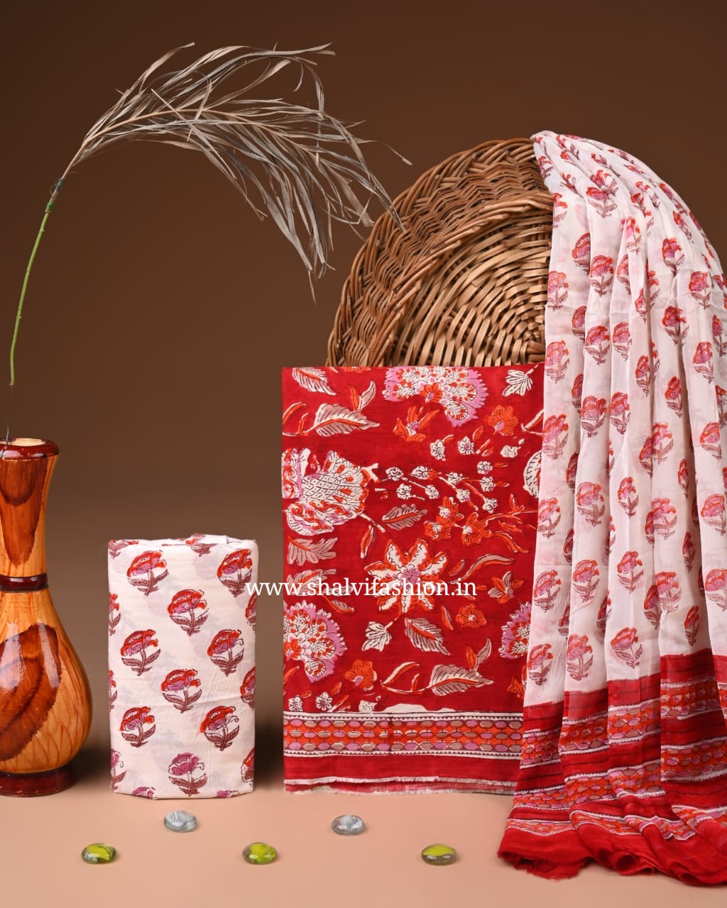 Shop unstitched hand block printed cotton suits with chiffon dupatta (PCHF653)