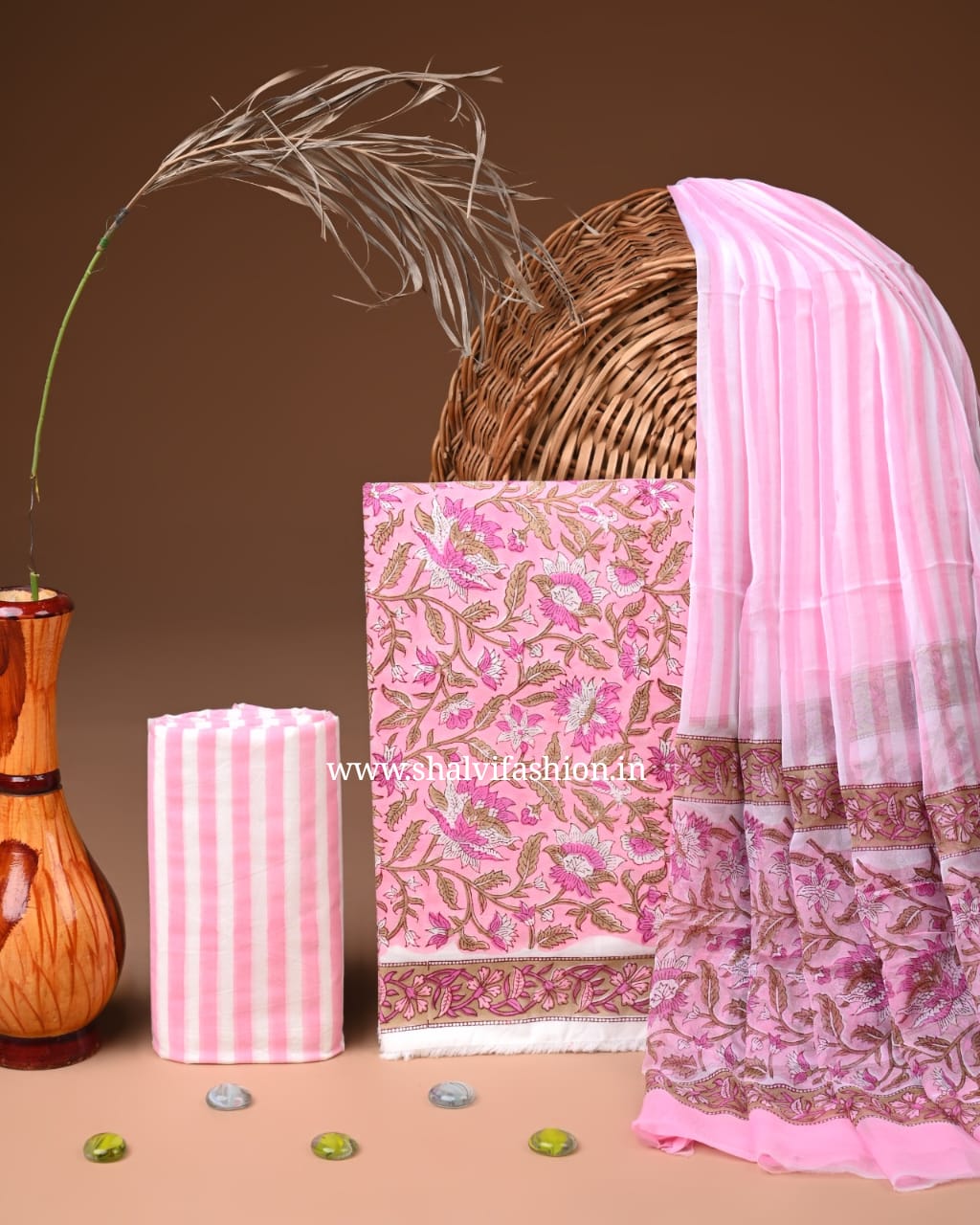 Shop block print cotton suits with chiffon dupatta (PCHF656)