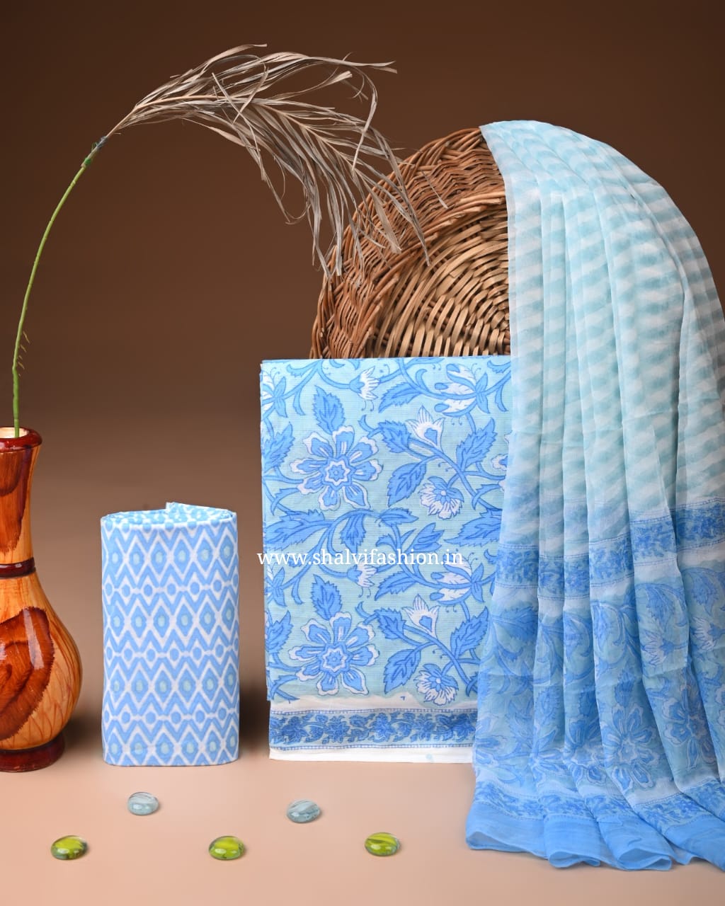 Shop hand block print cotton suits witrh chiffon dupatta (PCHF658)