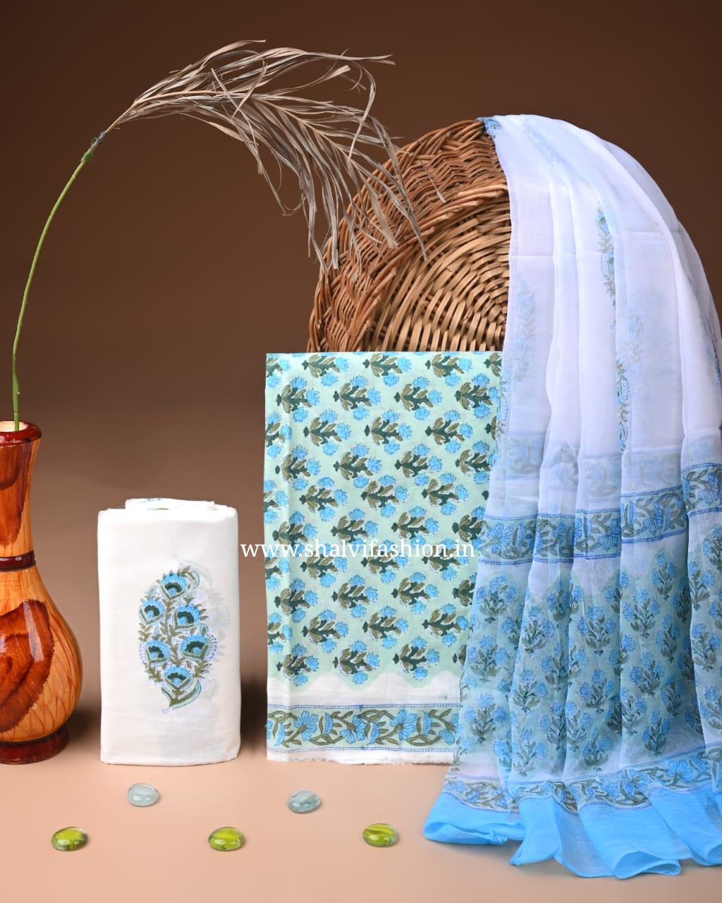 Shop block print chiffon dupatta cotton suits (PCHF661)