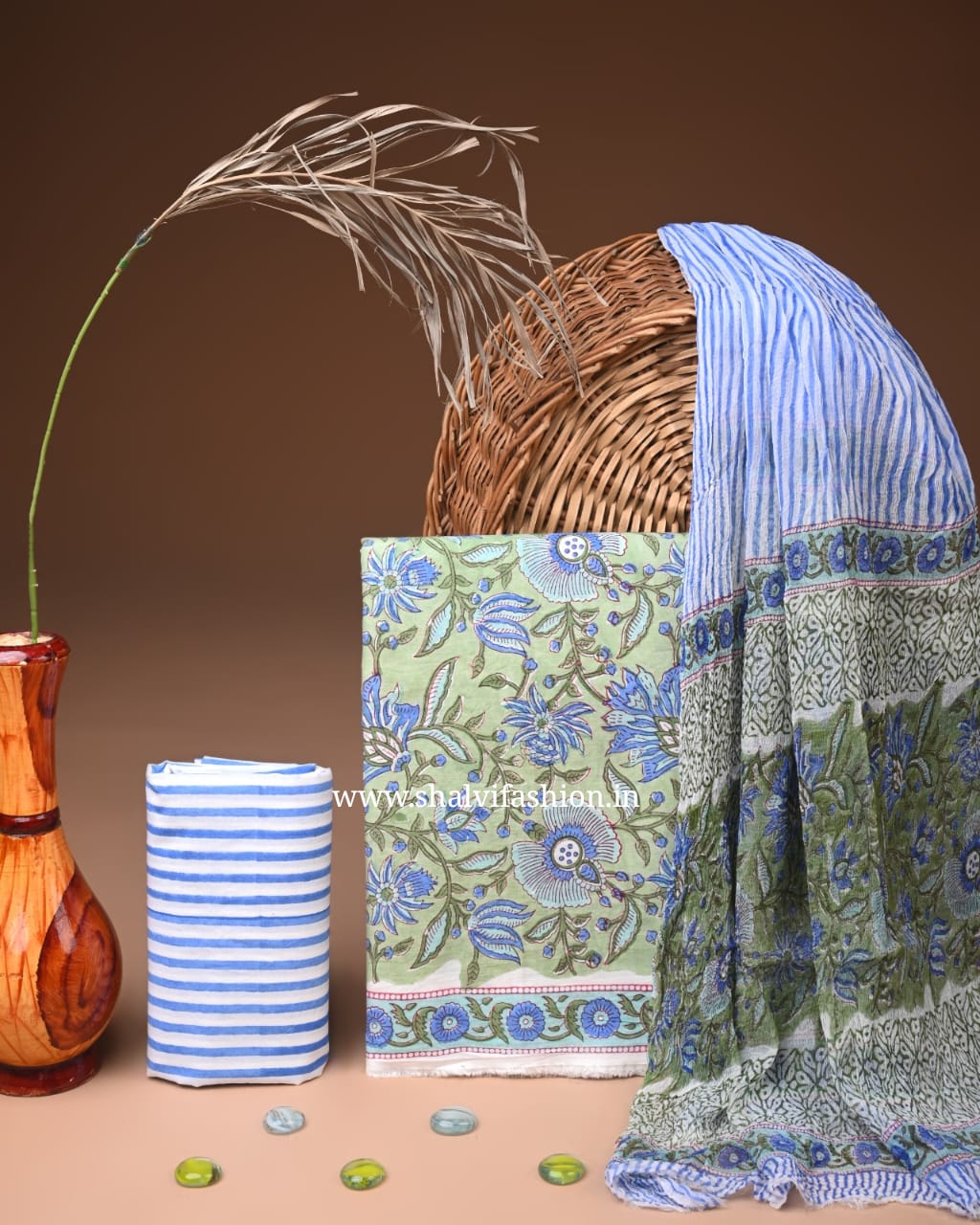 Shop block print chiffon dupatta cotton suits (PCHF664)