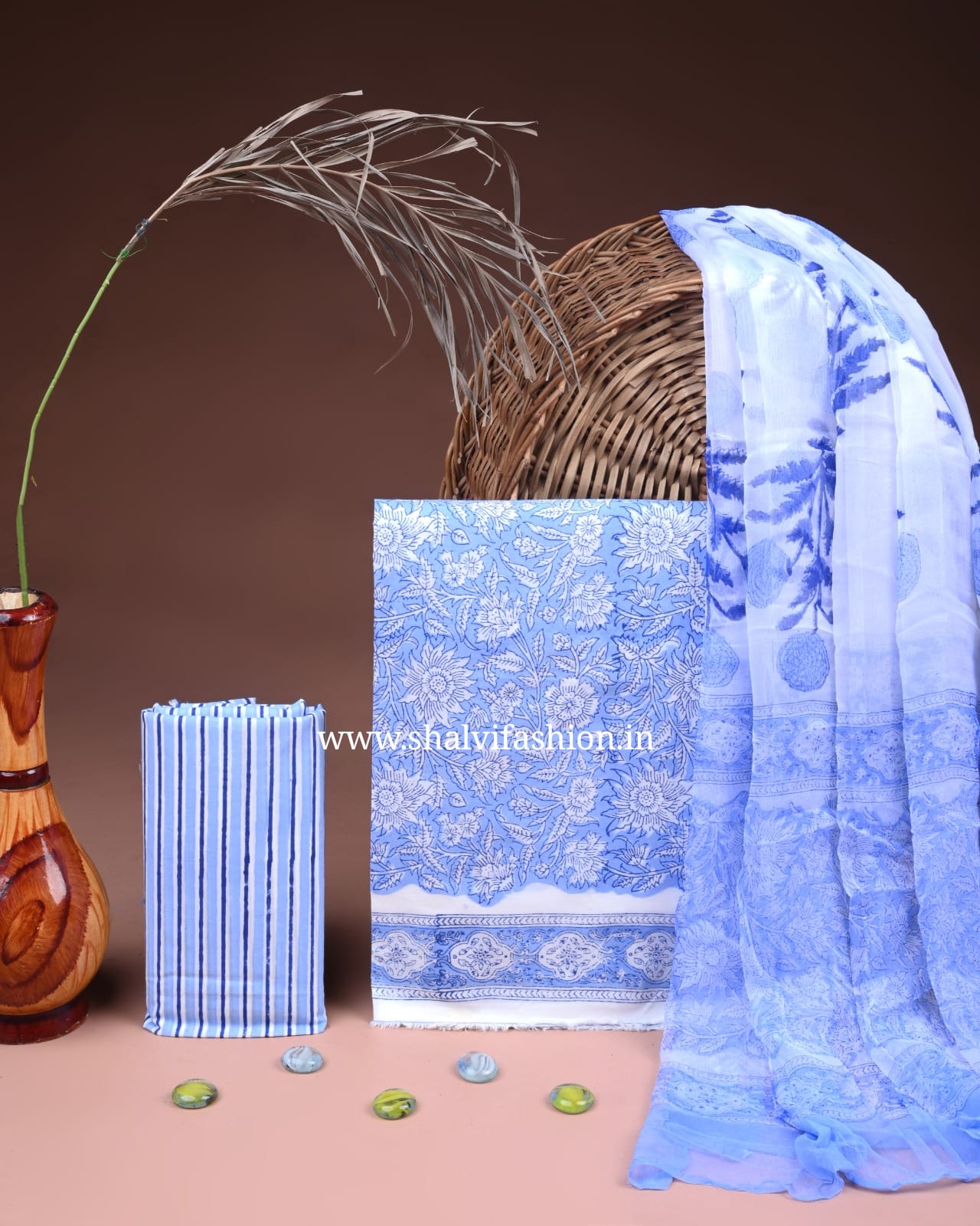 Shop block printed cotton suits with chiffon dupatta (PCHF672)