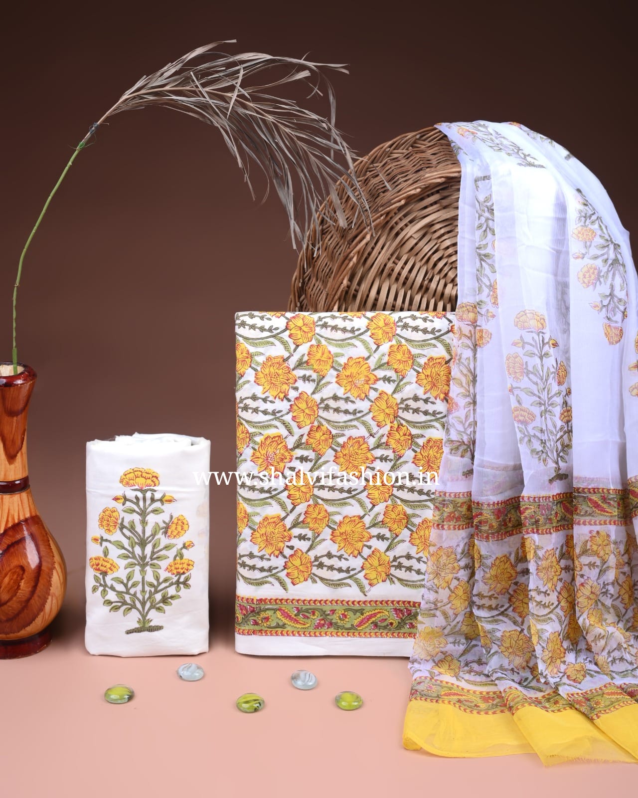 Shop hand block printed cotton suits with chiffon dupatta online (PCHF674)