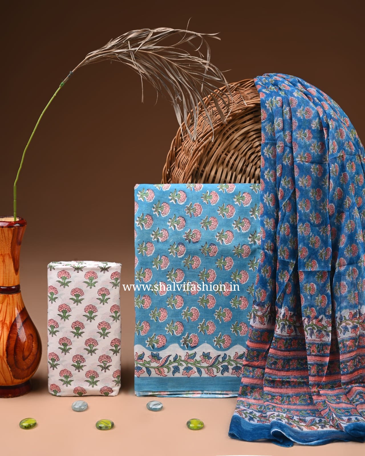 Shop block print cotton suits with chiffon dupatta (PCHF684)