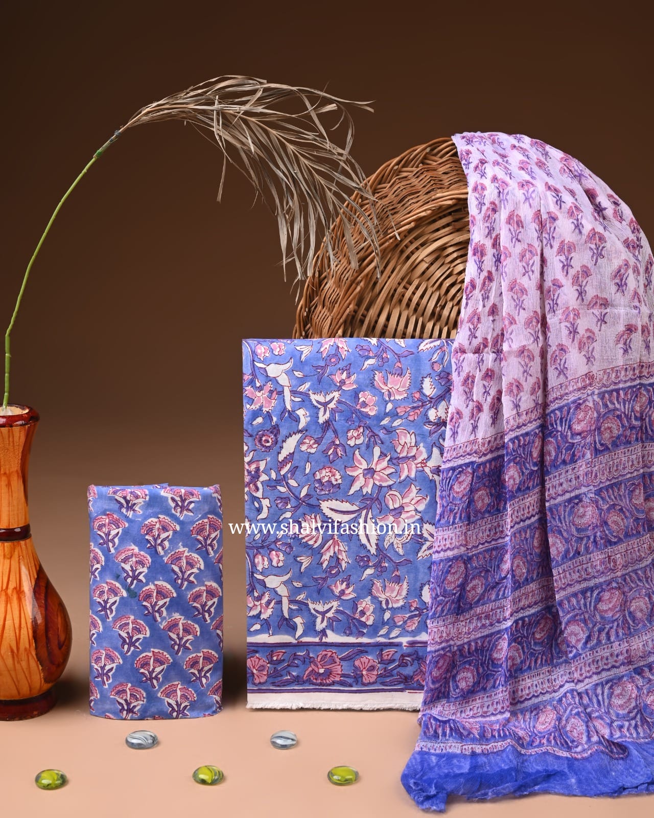Shop block printed cotton suits with chiffon dupatta (PCHF686)
