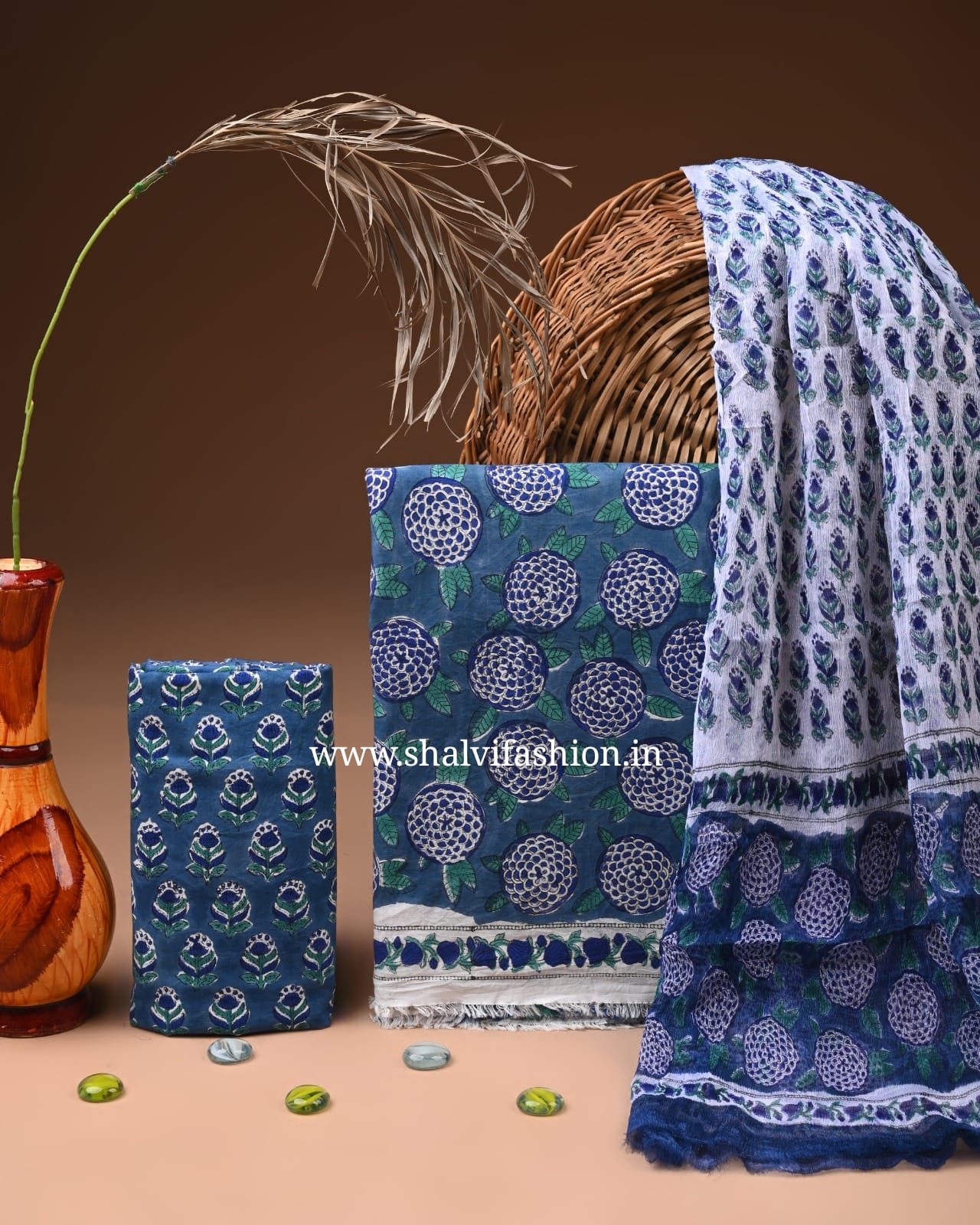 Shop hand block print chiffon dupatta cotton suits (PCHF687)