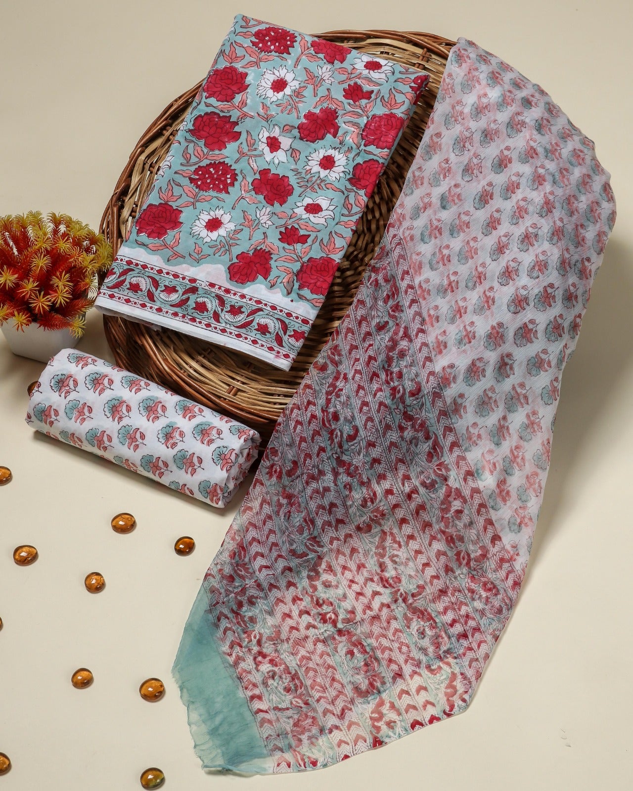 Shop unstitched cotton suits with chiffon dupatta (PCHF68)