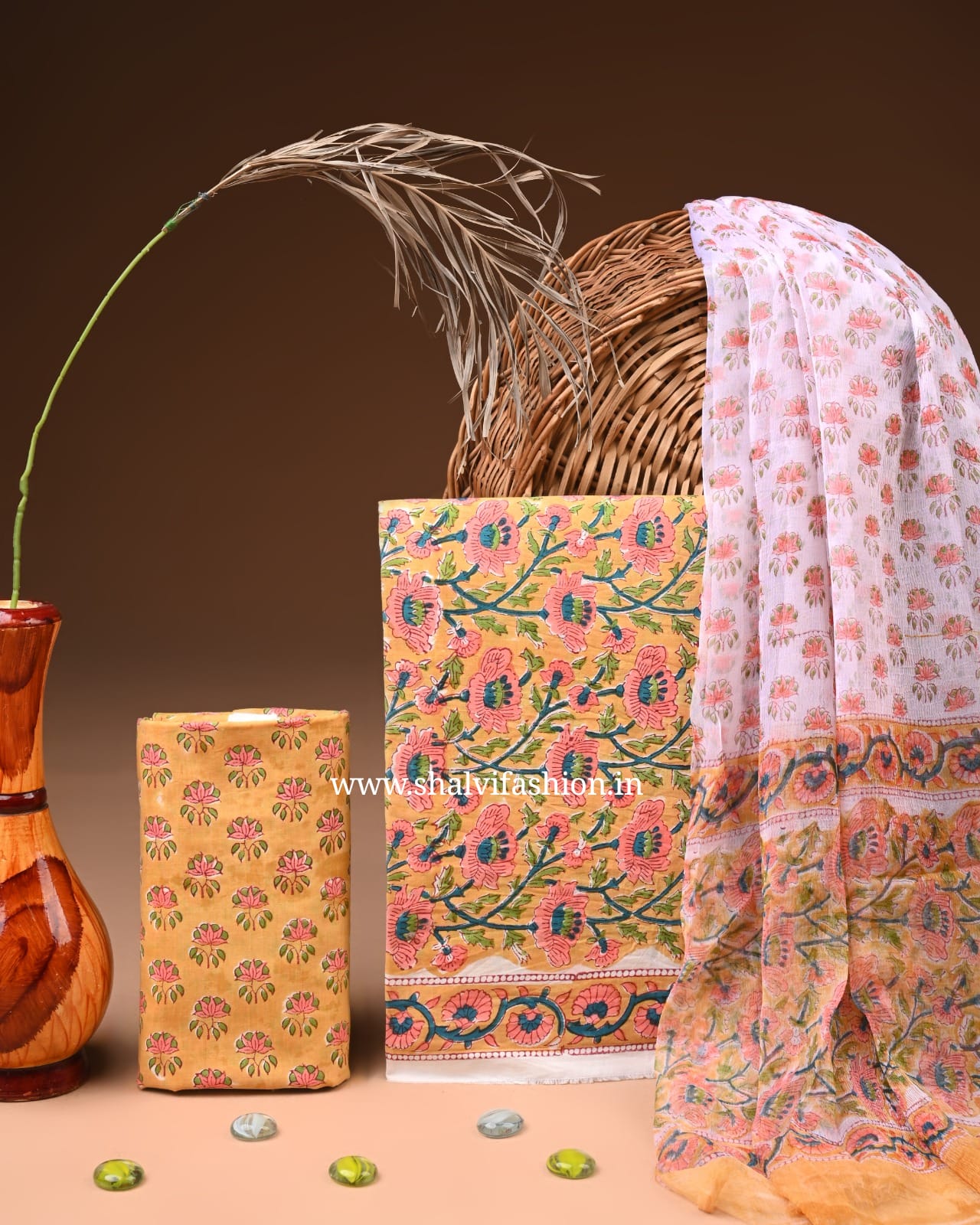 Shop jaipuri block print cotton suits with chiffon dupatta (PCHF690)