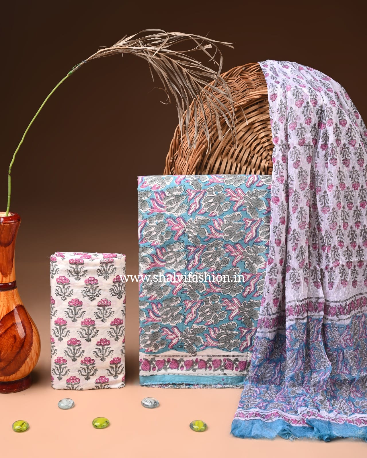 Shop hand block printed cotton suits with chiffon dupatta (PCHF692)