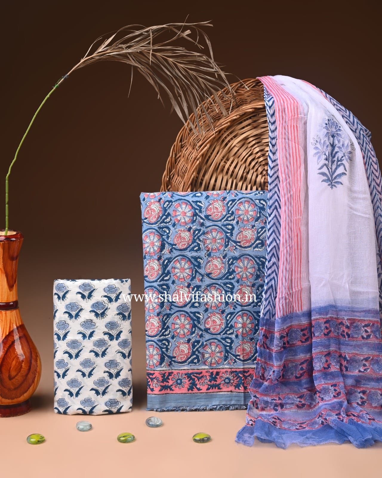 Shop hand block print cotton suits with chiffon dupatta (PCHF702)