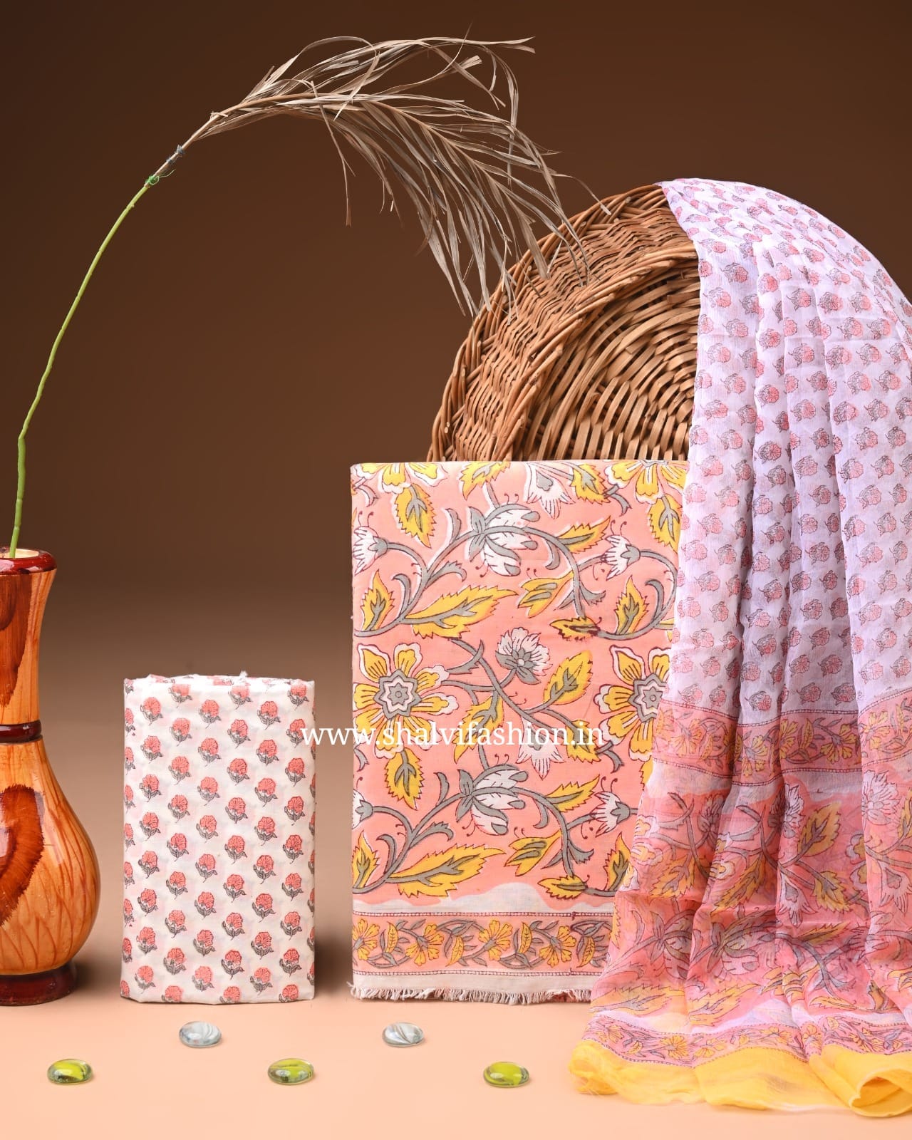 Shop block printed cotton suits with chiffon dupatta (PCHF708)