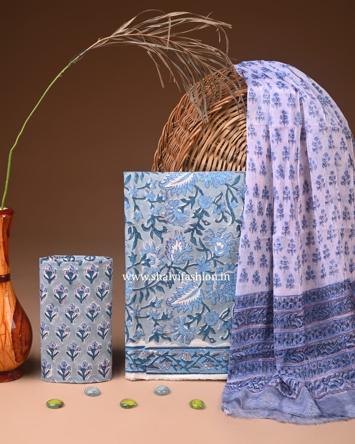 Shop unstitched block print cotton suits with chiffon dupatta (PCHF723)