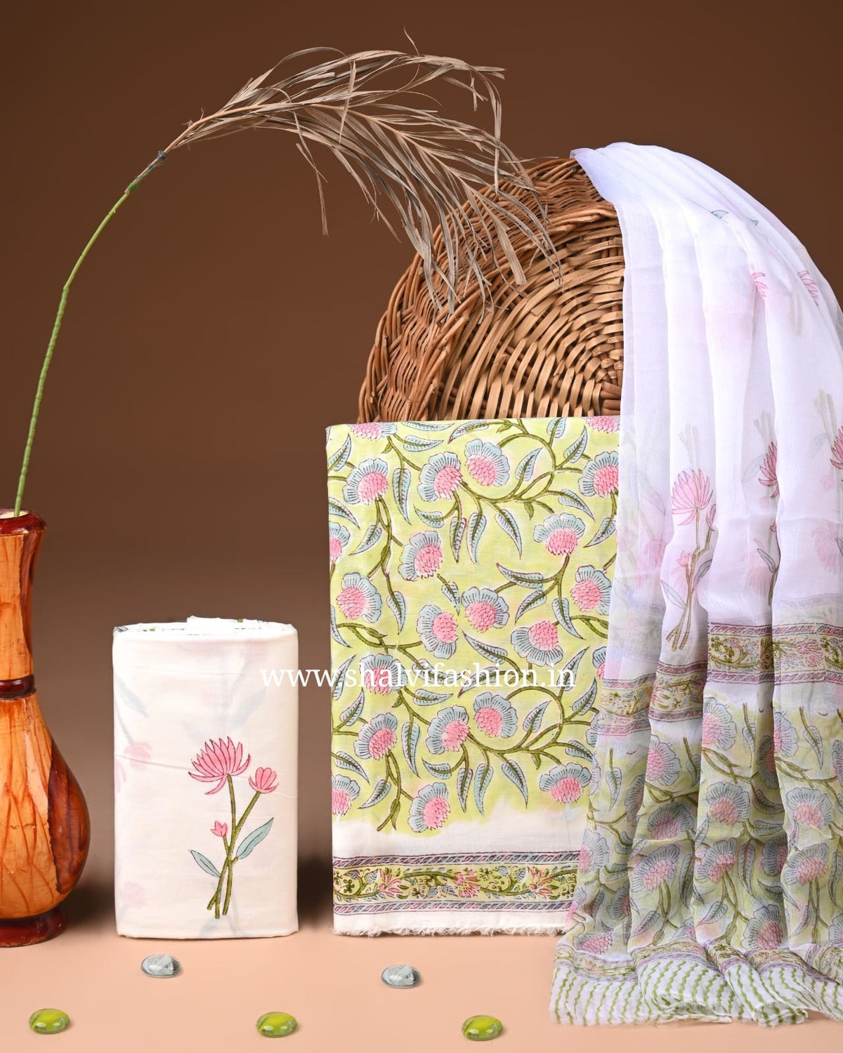 Shop hand block print cotton suits with chiffon dupatta (PCHF724)