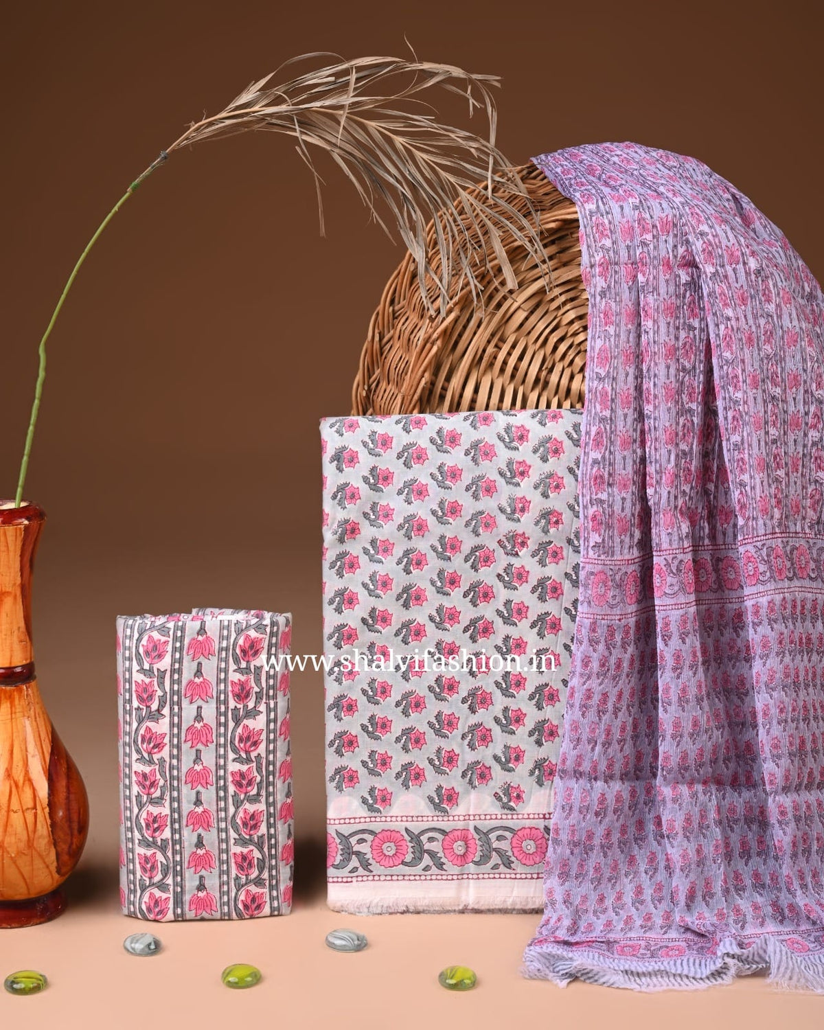 Shop block print chiffon dupatta cotton suits (PCHF728)