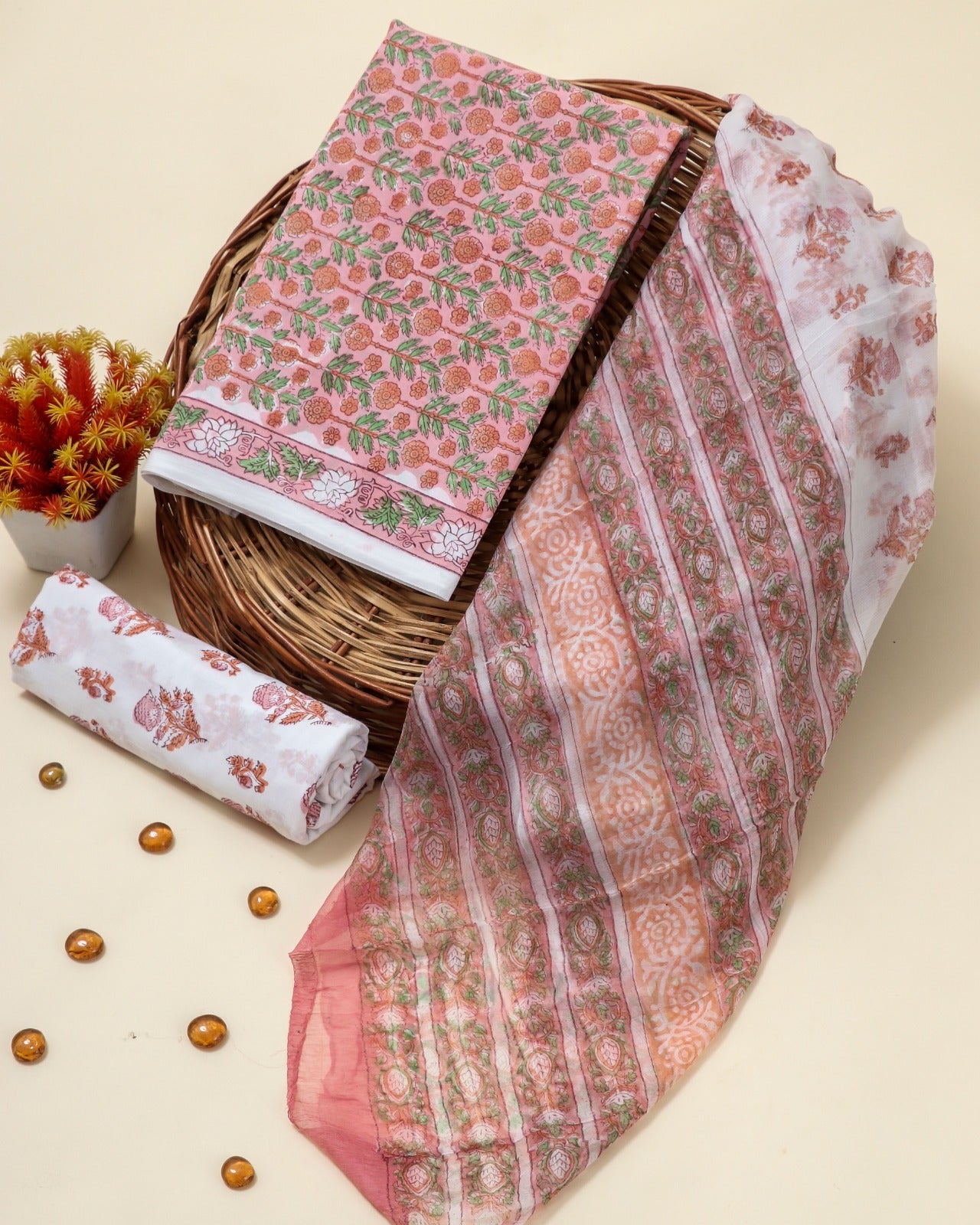 Shop hand block print cotton suits with chiffon dupatta in jaipur (PCHF72)