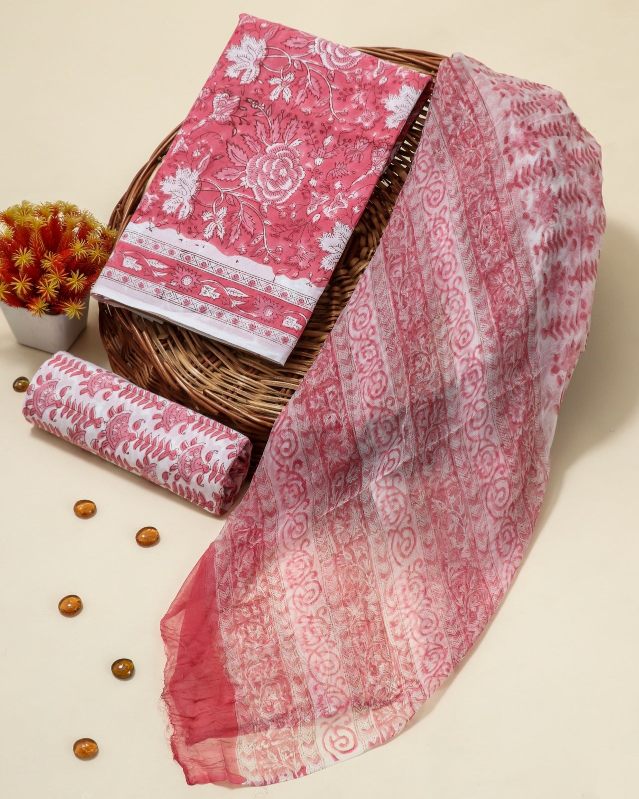 Shop pink hand block printed cotton suits with chiffon dupatta (PCHF79)