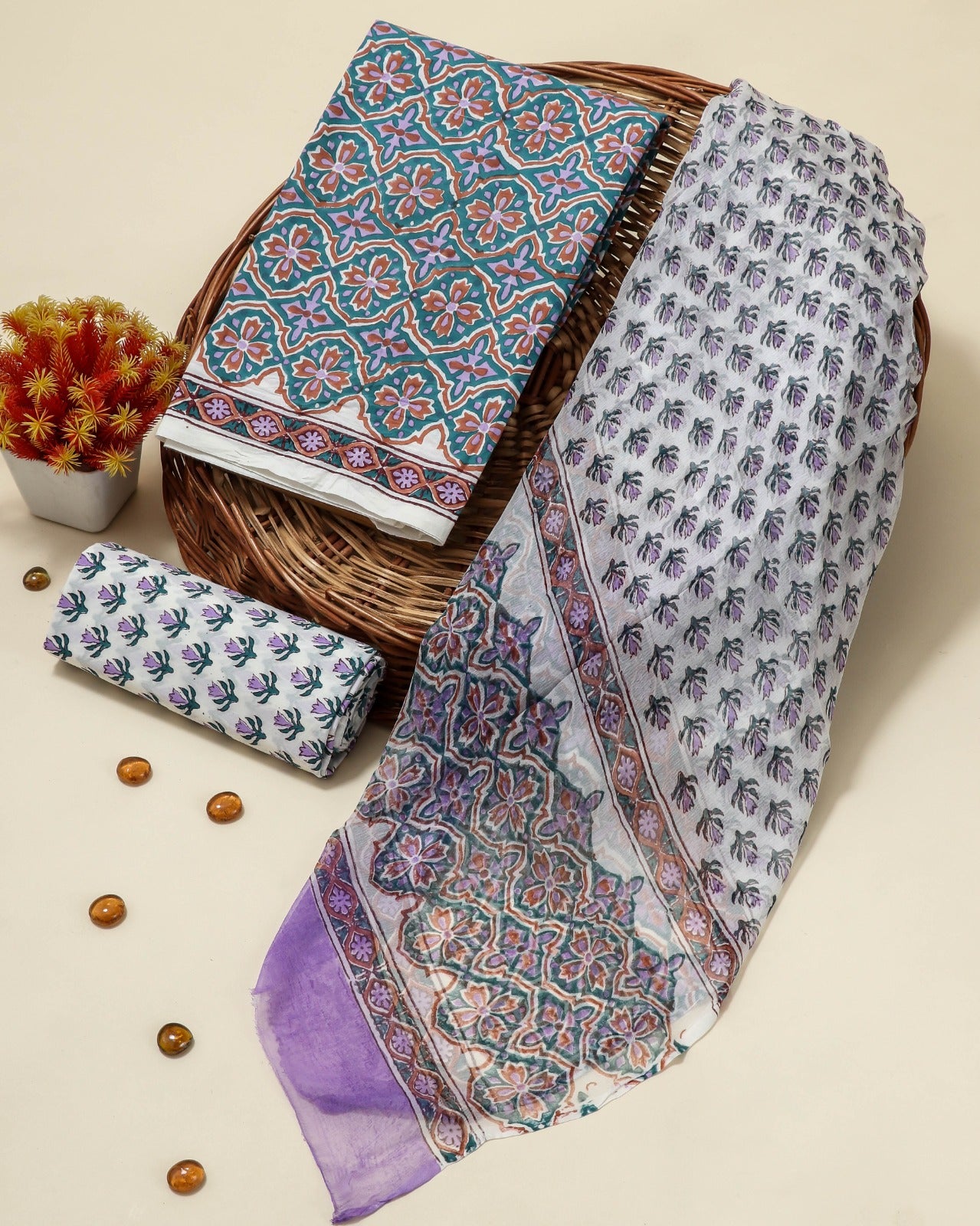 Shop block print cotton suits with chiffon dupatta (PCHF80)