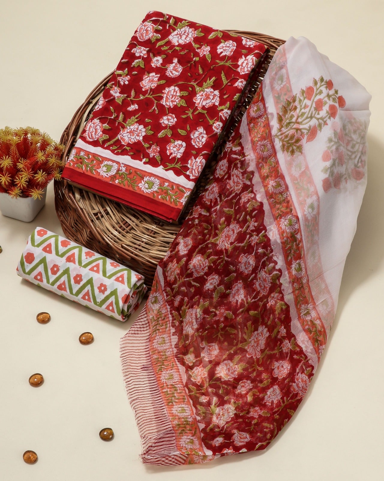 Shop red jaal print cotton suits with chiffon dupatta (PCHF87)