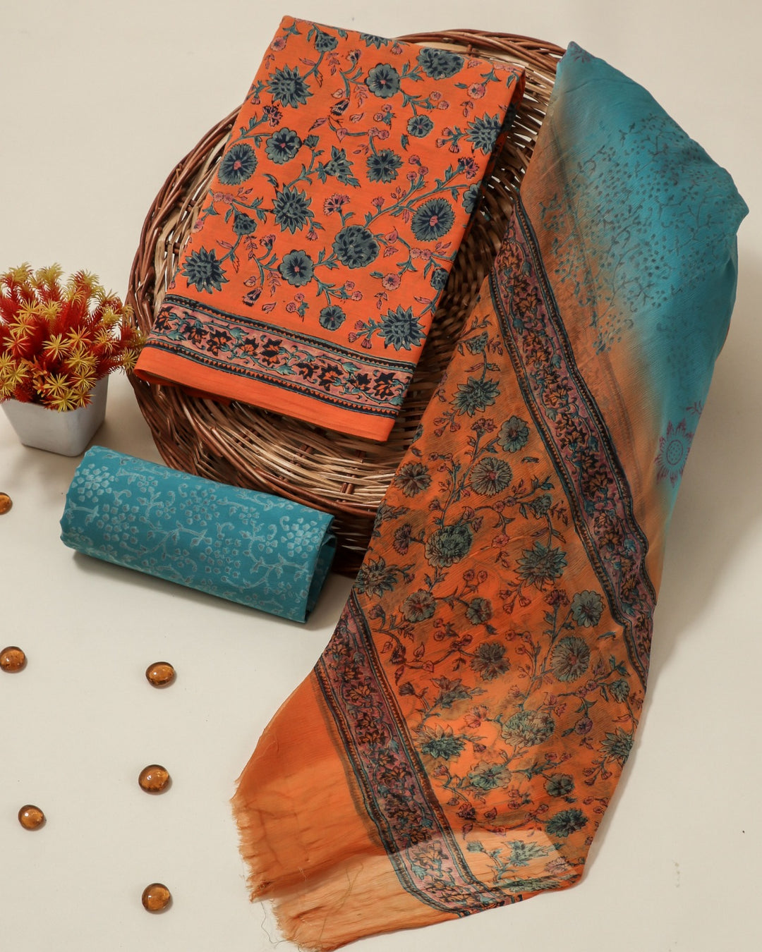 Shop unstitched hand block print cotton suit set with chiffon dupatta (PCHF90)