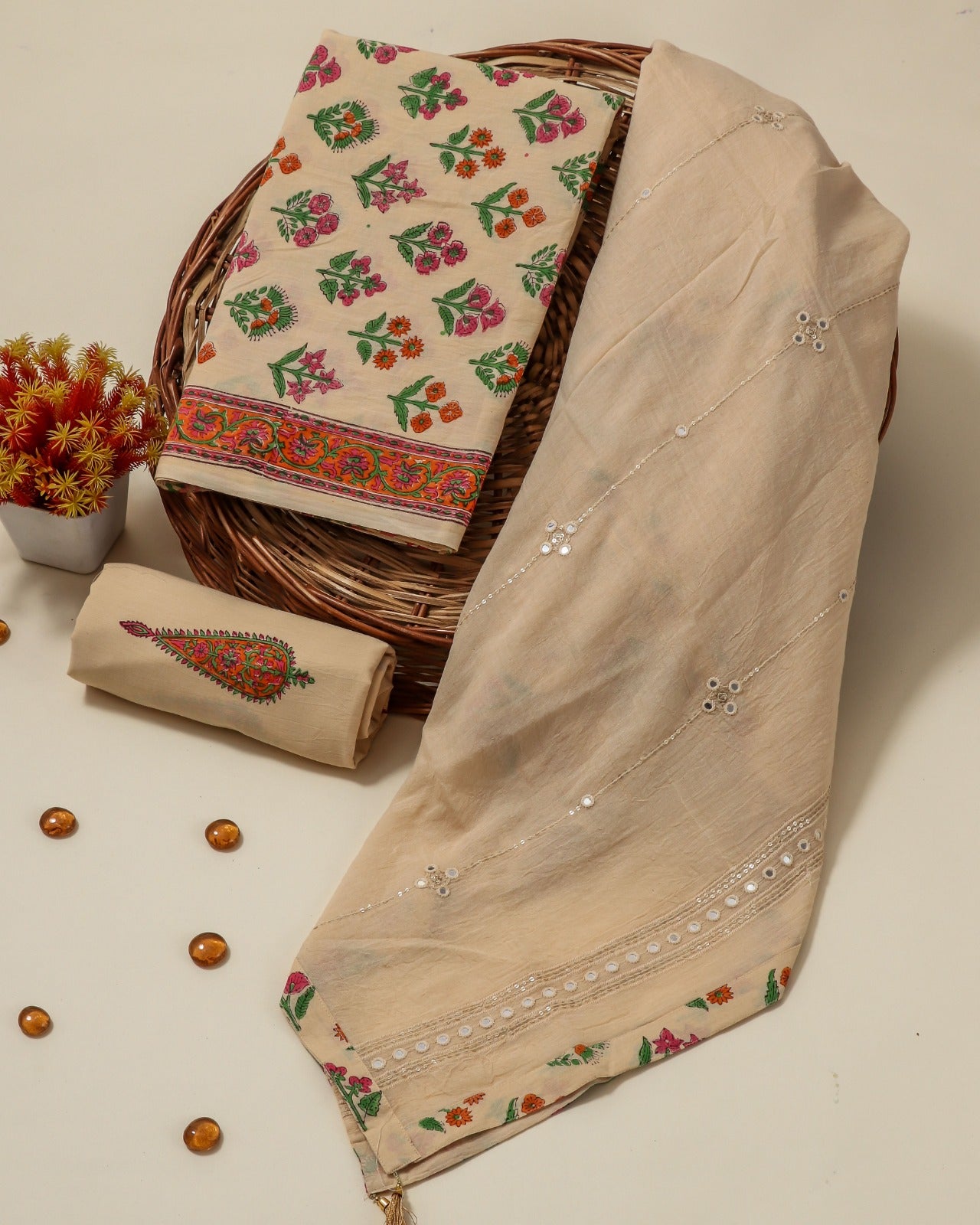 Shop unstitched cotton suits with embroidered mulmul dupatta online (PRMUL106)