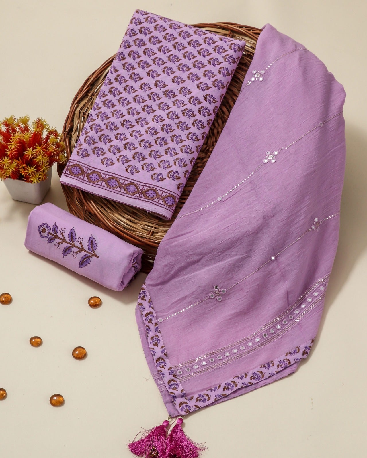 Shop block print cotton suits with embroidered mulmul dupatta in jaipur (PRMUL109)