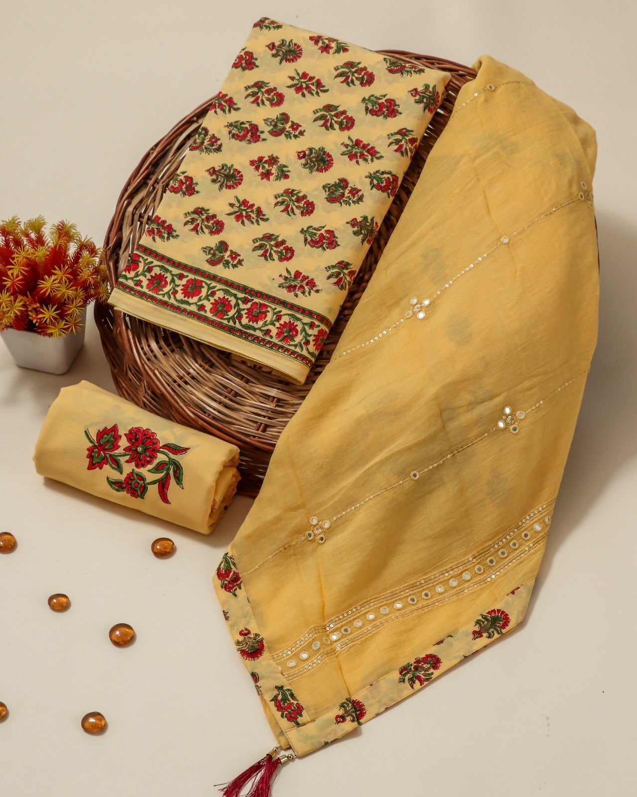 Shop hand block print cotton suits with embroidered dupatta (PRMUL110)