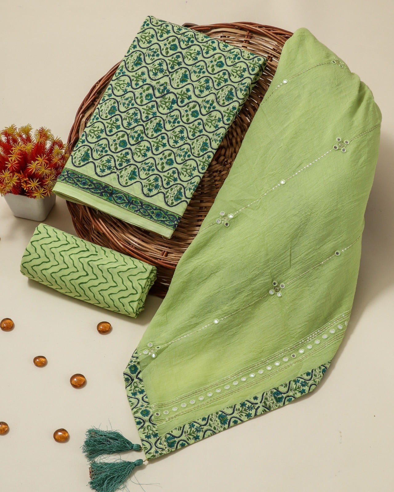 Shop embroidered mulmul dupatta cotton suits online (PRMUL111)