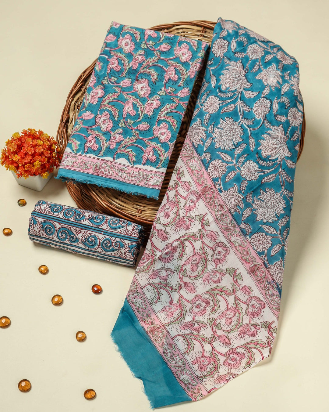 Shop block print mulmul dupatta cotton suits online (PRMUL132)