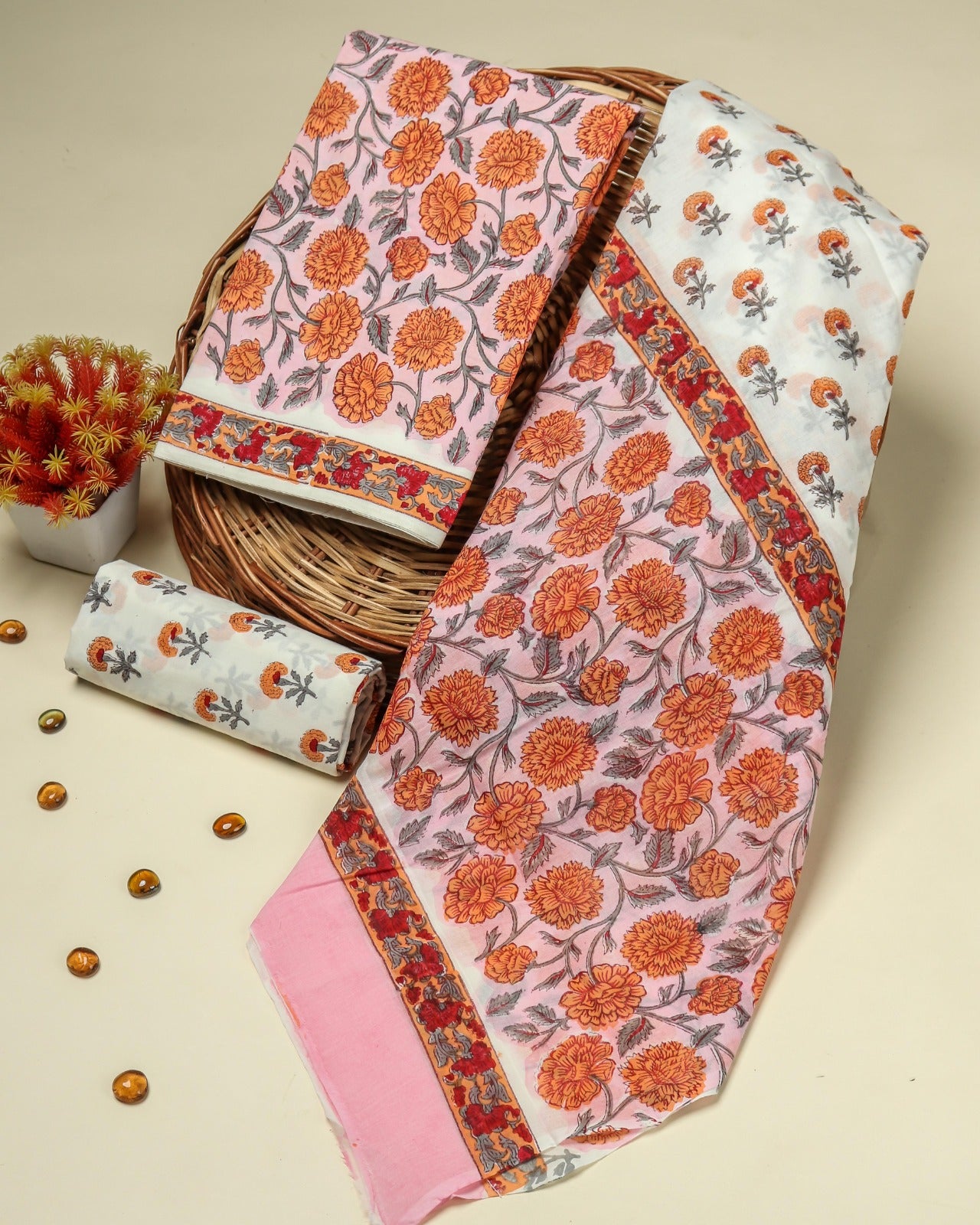 Shop Unstirched Hand Block Print Pure Cotton Suits with Mulmul Dupatta (PRMUL139)