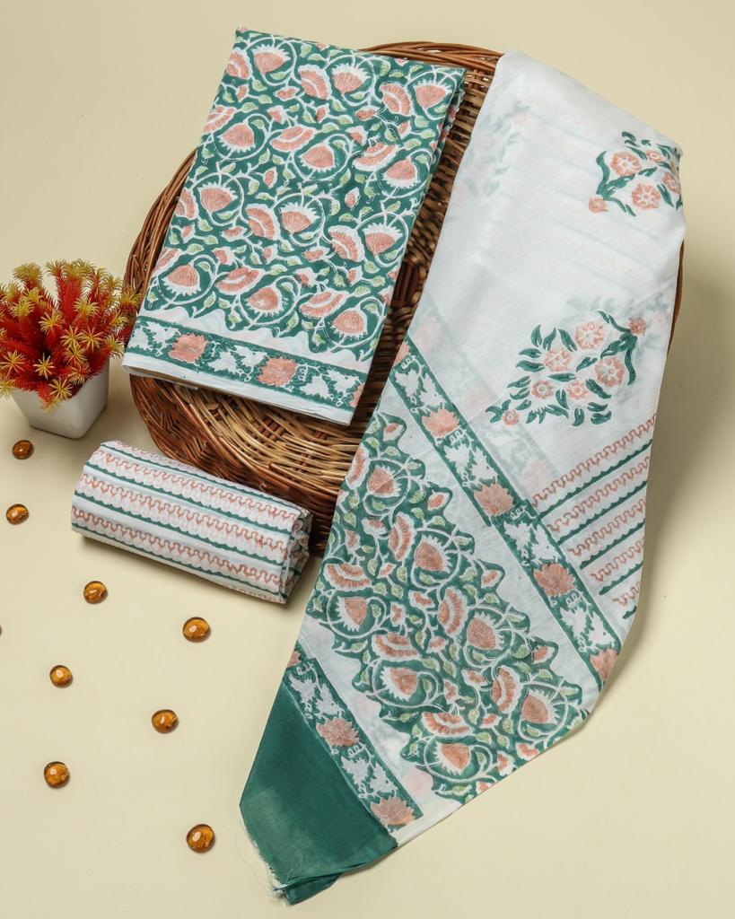 Shop hand block print cotton suits with mulmul dupatta (PRMUL156)