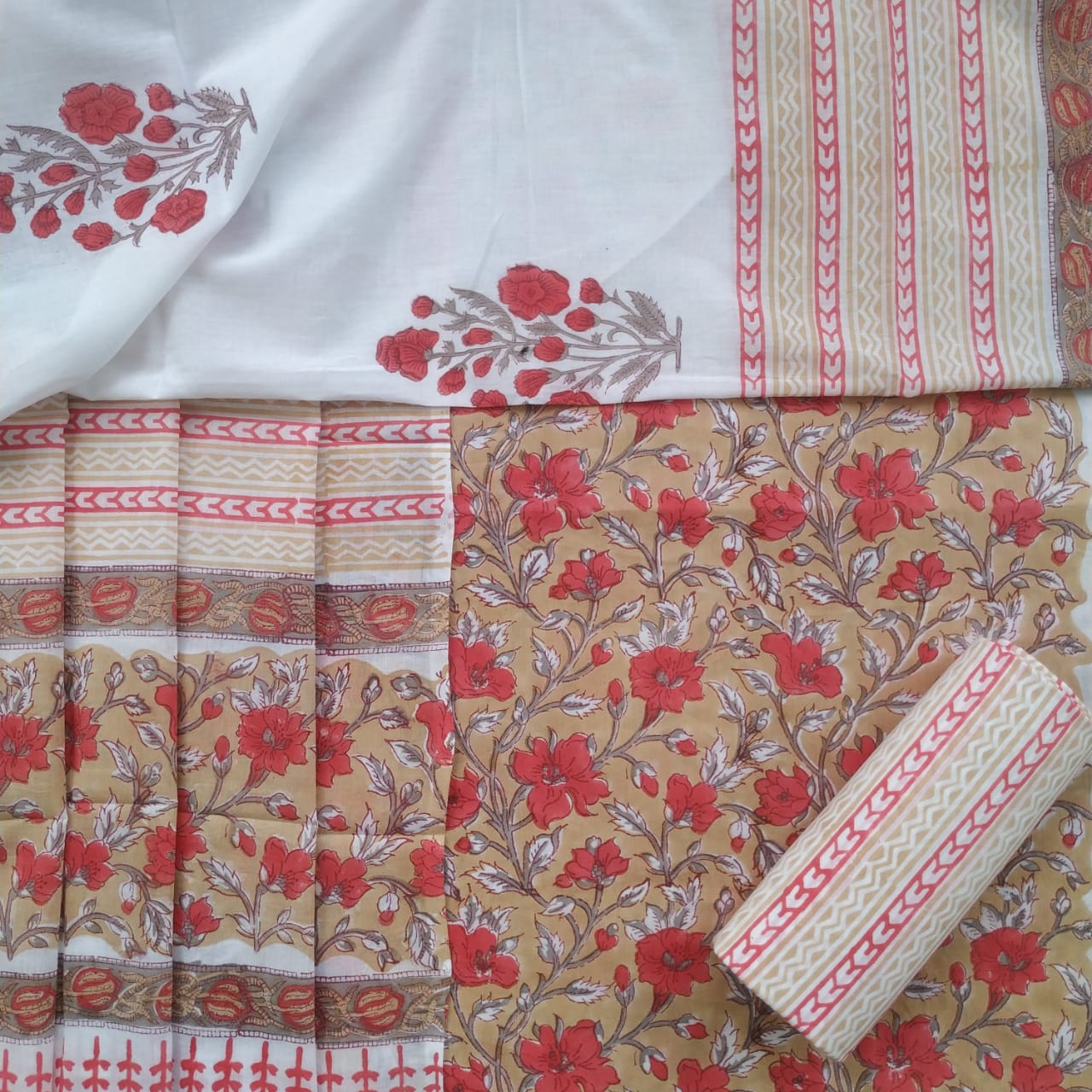 Shop Unstitched Hand Block Print Pure Cotton Suits with Mulmul Dupatta (PRMUL161)