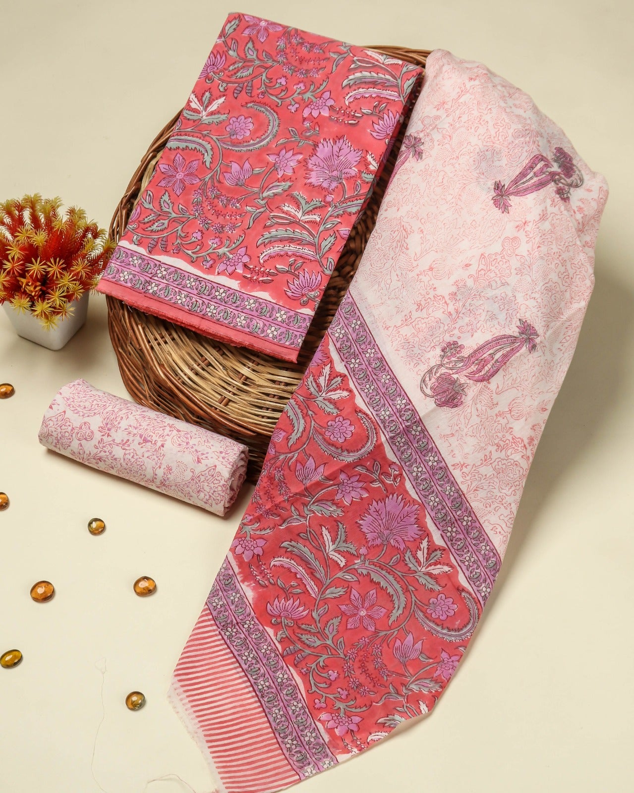 Shop block print cotton suit set with mulmul dupatta in jaipur (PRMUL162)