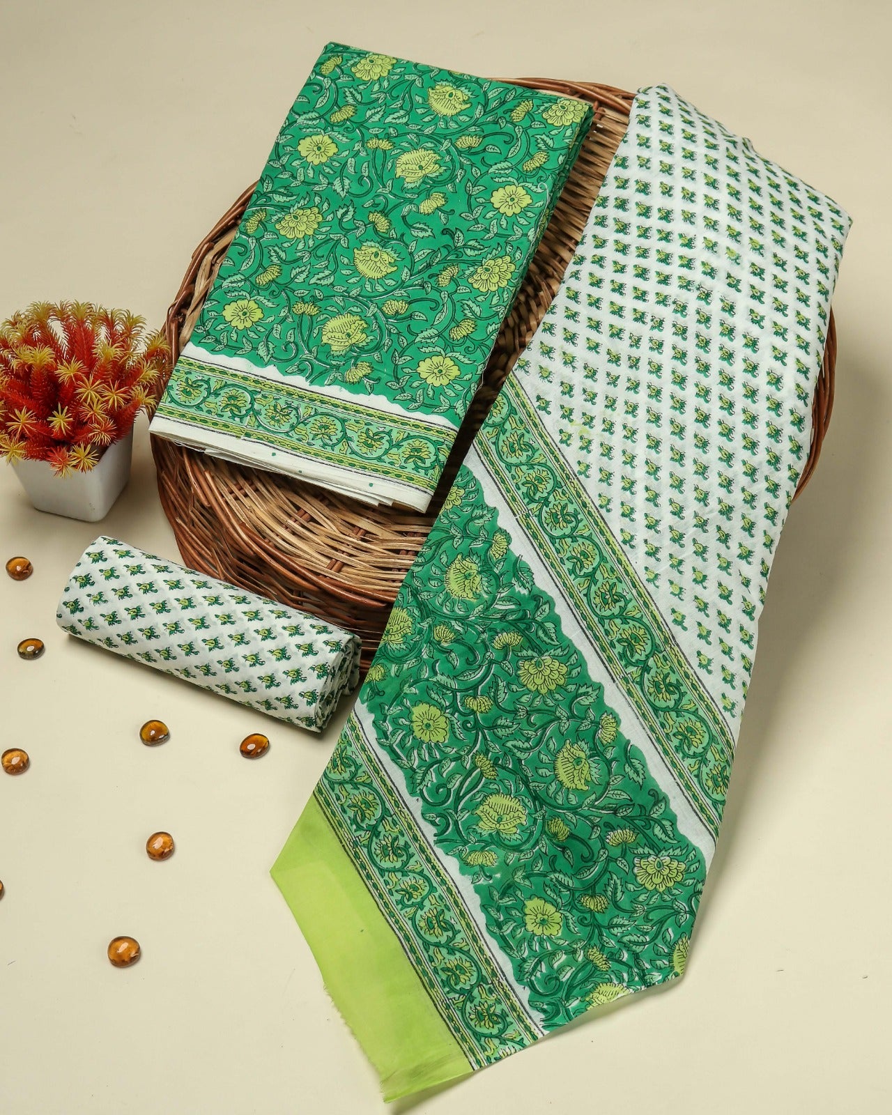 Shop green jaal print cotton suits with mulmul dupatta online (PRMUL172)