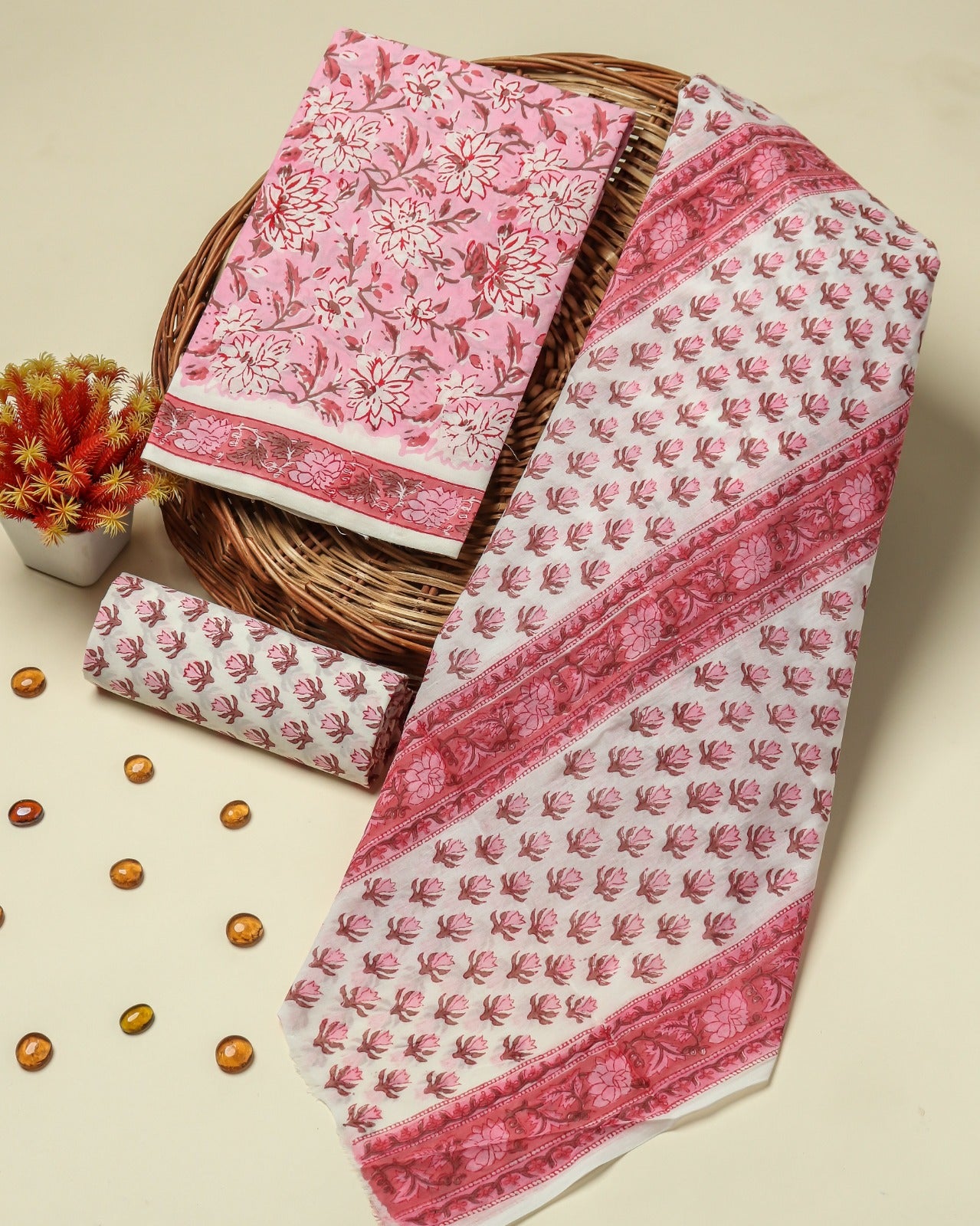 Shop pink jaal print cotton suits with mulmul dupatta (PRMUL186)