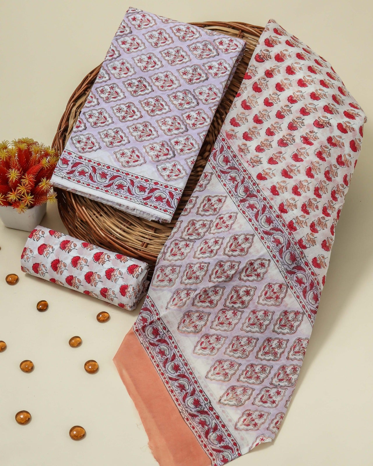 Shop unstitched block print cotton suits with mulmul dupatta online (PRMUL190)