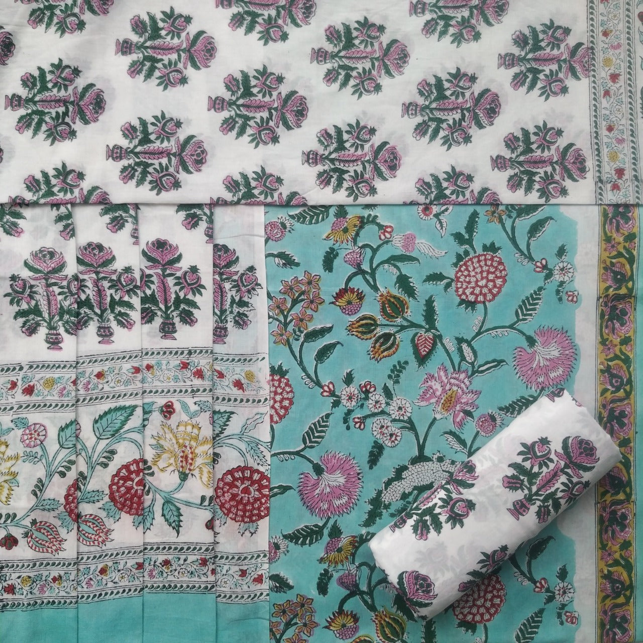 shop unstitched cotton suit set with mulmul dupatta