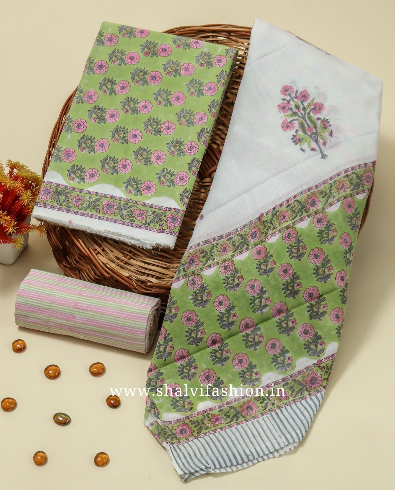 Shop block print cotton suit material with mulmul dupatta (PRMUL322)