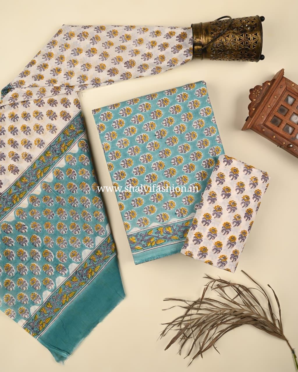 Shop block print cotton suits with mulmul dupatta (PRMUL461)