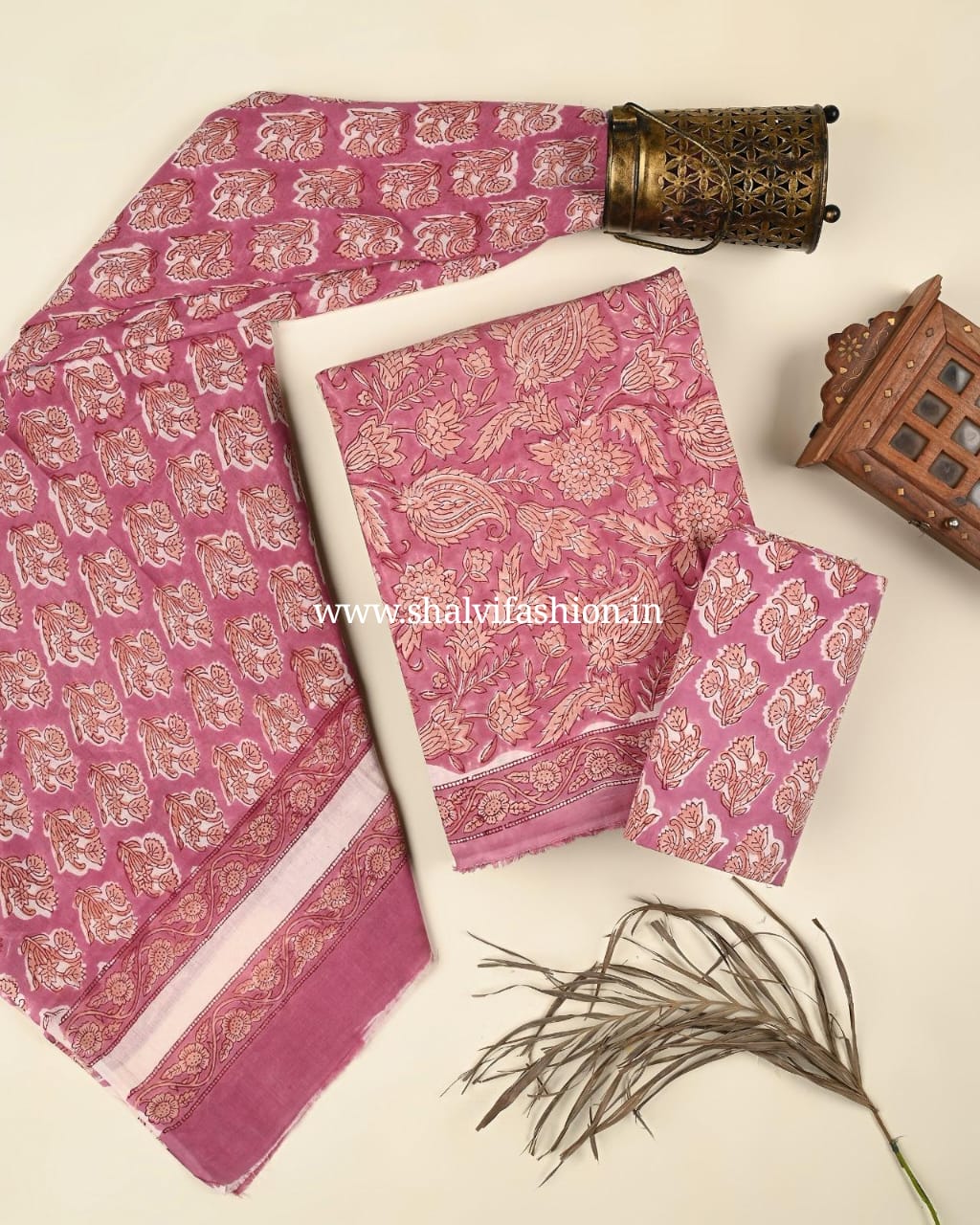 Shop block printed pure cotton suits with mulmul dupatta (PRMUL485)