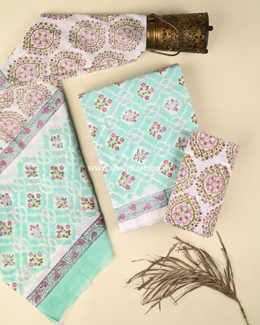Shop block print cotton suits with mulmul dupatta (PRMUL509)