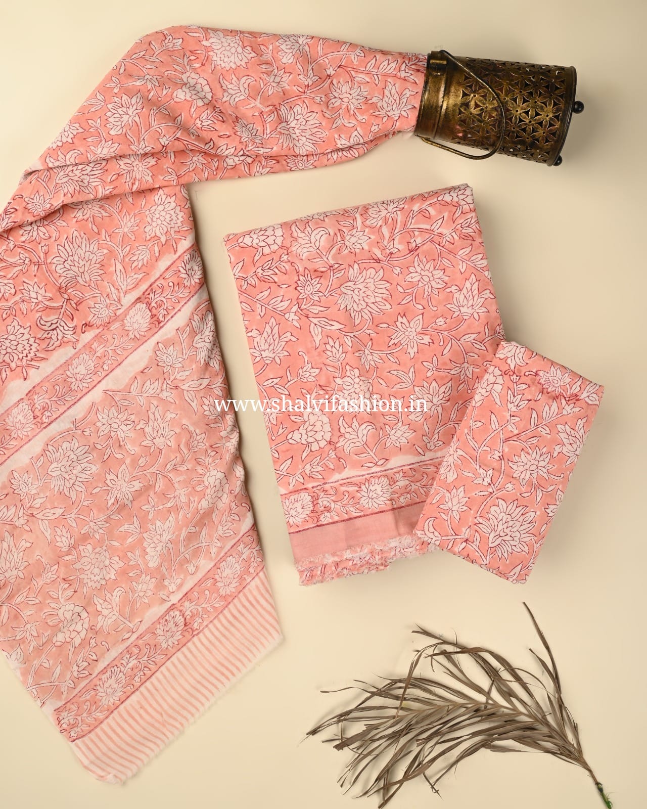 Shop unstitched block print cotton suits with mulmul dupatta (PRMUL524)