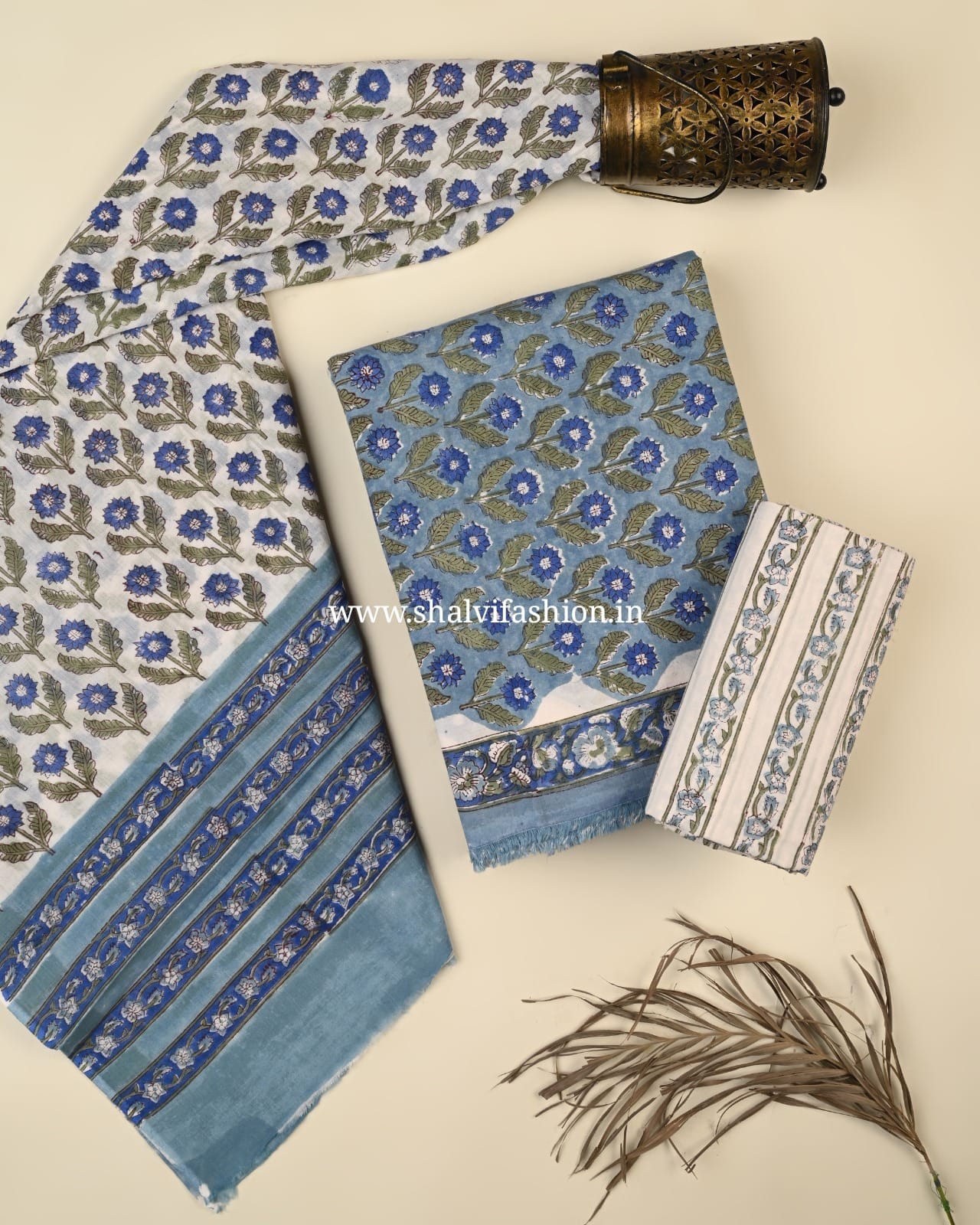 Shop block print cotton suits with mulmul dupatta (PRMUL531)