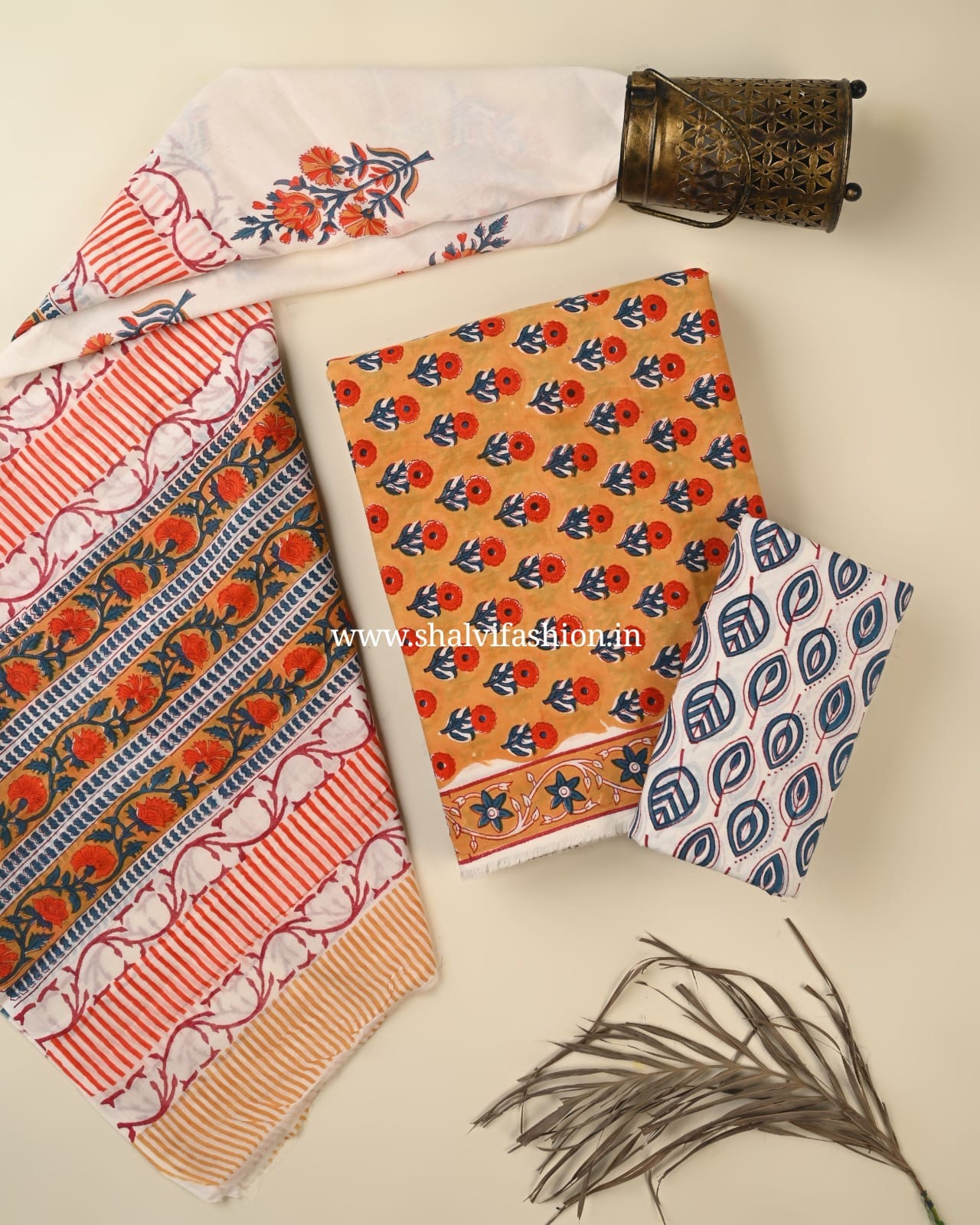 Shop block printed cotton suits with mulmul dupatta online (PRMUL546)