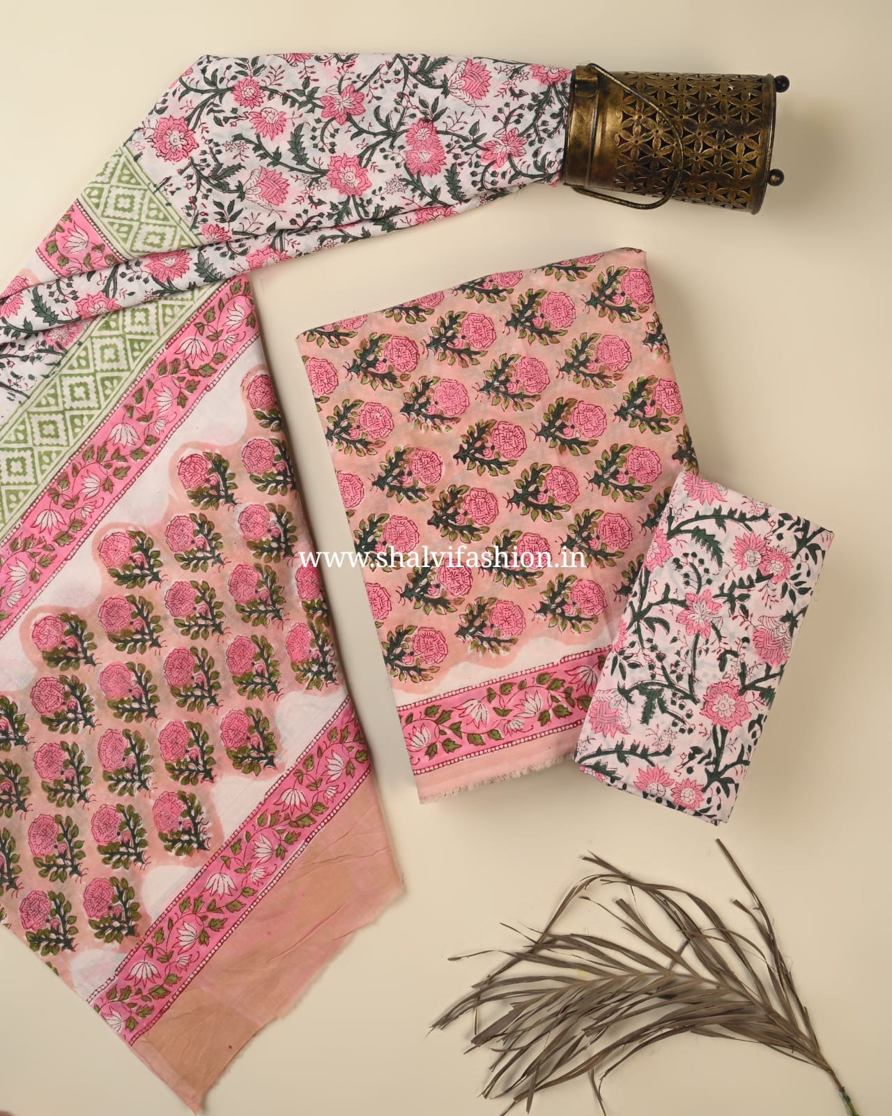 Shop hand block print cotton suits with mulmul dupatta (PRMUL548)