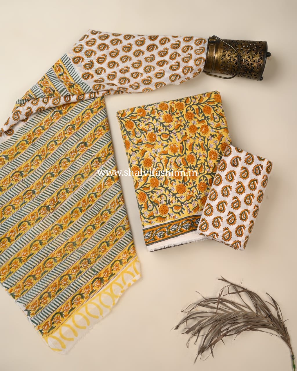 Shop block print cotton suits with mulmul dupatta online (PRMUL625)