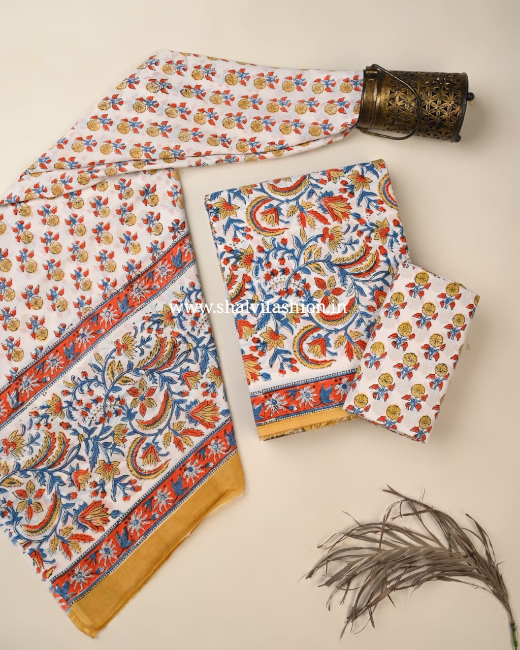 Shop jaipuri print cotton suits with mulmul dupatta (PRMUL627)