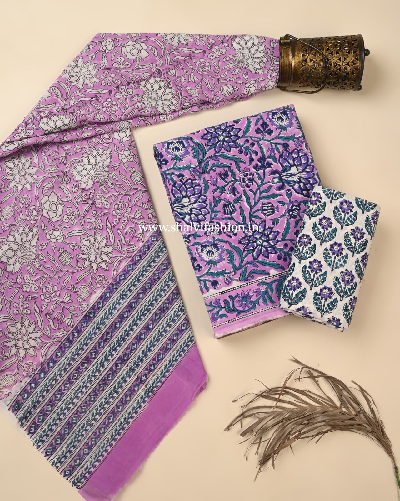 Shop block printed cotton suits with mulmul dupatta (PRMUL629)